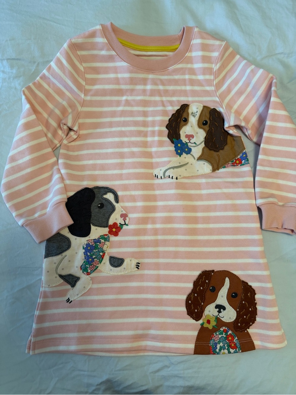 Boden Pink and White Striped Knit Dress with Puppy Appliqués